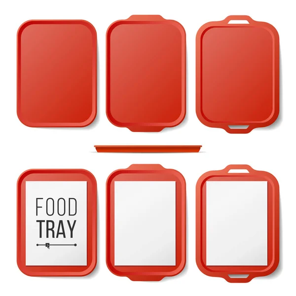Kosong Plastik Tray Salver Set Vektor. Rectangular Red Plastic Tray Salver With Handles (dalam bahasa Inggris). Top View. Ilustrasi Terisolasi Tray - Stok Vektor