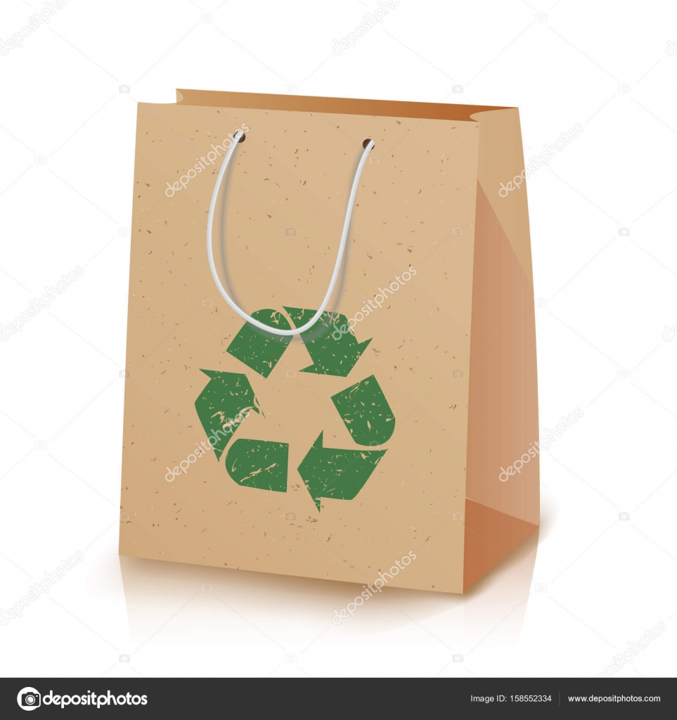 bolsa de papel reciclado. ilustración de una bolsa de papel marrón  reciclada con asas que no dañan el medio ambiente. icono de signo de  reciclaje. Paquete artesanal ecológico. ilustración aislada 17548671 Vector