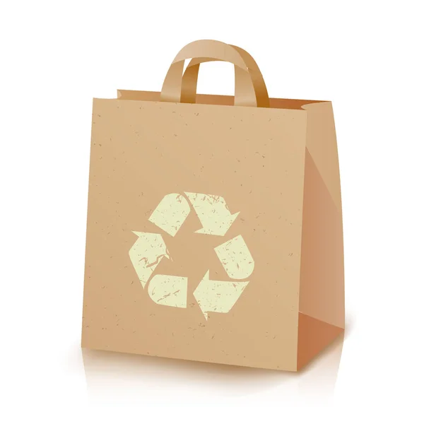 Ανακύκλωσης τσάντα διάνυσμα. Καφέ χαρτί μεσημεριανό κραφτ τσάντα με το σύμβολο ανακύκλωσης. ΟΙΚΟΛΟΓΙΚΑ Craft πακέτο. Απομονωμένη εικονογράφηση — Διανυσματικό Αρχείο