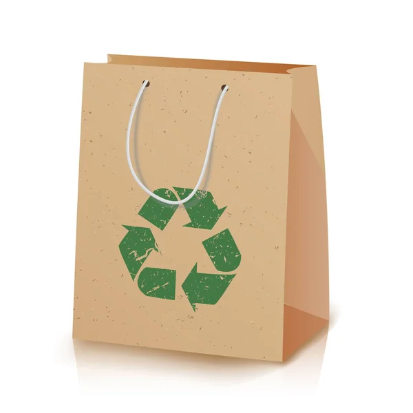 Recykling papieru torby. Ilustracja z recyklingu Brown zakupy torba papierowa z uchwytami, które nie powodują szkody dla środowiska. Recykling ikona znak. Ekologiczne wytwarzanie pakiet. Ilustracja na białym tle — Wektor stockowy
