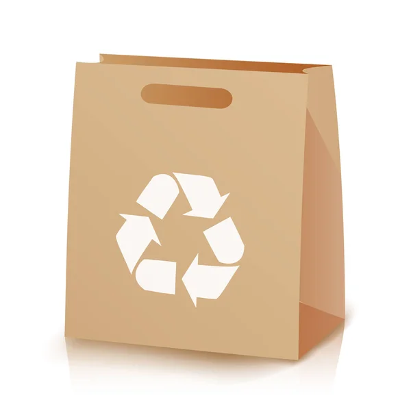 Recycle winkelen bruine tas. Illustratie van gerecycled bruin winkelen papieren zak met handvaten. Recycling symbool. Geïsoleerde illustratie — Stockvector