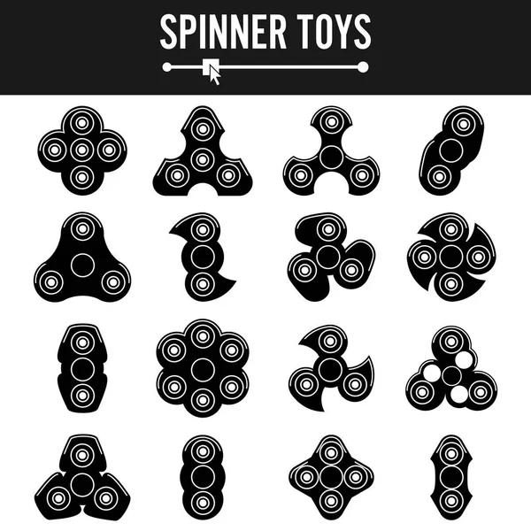 Handspinner-Vektor-Etiketten. schwarze Ikonen isoliert. Stressabbau-Spielzeug. Fidget Spinner Embleme. — Stockvektor