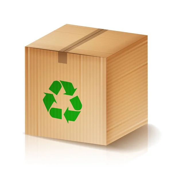 Riciclare Box Vector. Scatola di cartone marrone con simbolo di riciclaggio. Illustrazione isolata — Vettoriale Stock