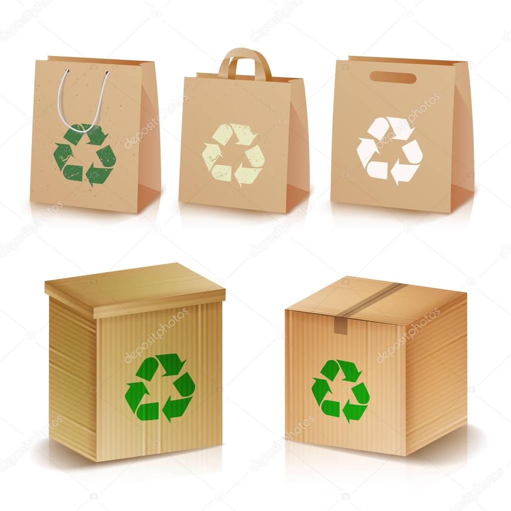Recycling Paper Bags And Boxes. Realistic Blank Ecologic Craft Package. Illustration Of Recycled Brown Shopping Paper Bags And Boxes With Recycling Symbol. Isolated Illustration
