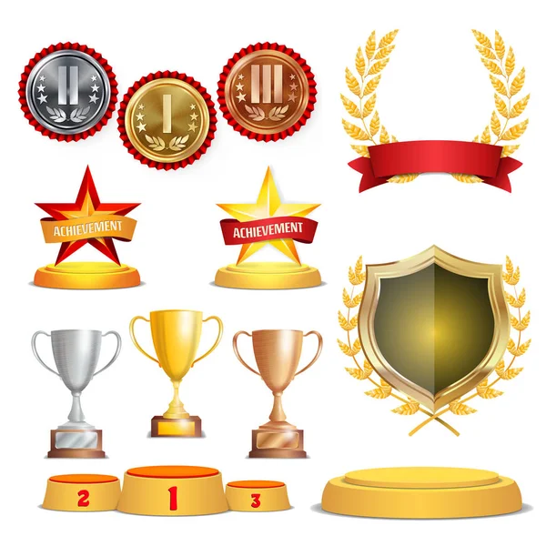 Trophy Awards Cups, Golden Laurel Wreath With Red Ribbon And Gold Shield. Realistic Golden, Silver, Bronze Achievement Medals. Sports Placement Podium. Isolated Vector Illustration — Stock Vector