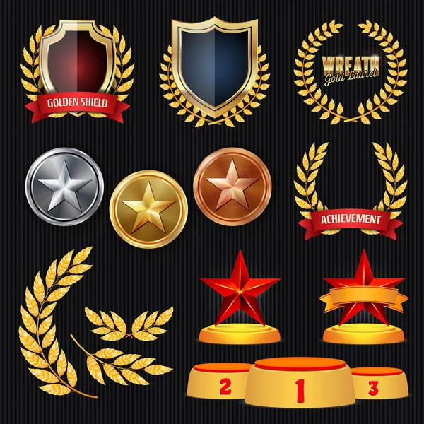 Vector Awards and Trophy Collection (em inglês). Emblemas e rótulos dourados. Championship Design. Primeiro, segundo, terceiro lugar. Golden, Silver, Bronze Achievement. Distintivo, Medalha . —  Vetores de Stock