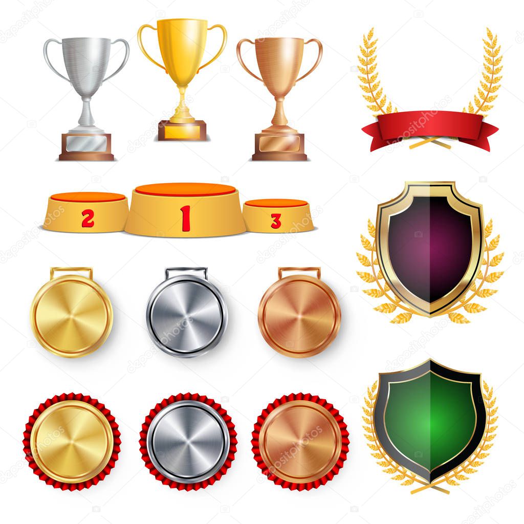 Ceremony Winner Honor Prize. Trophy Awards Cups, Golden Laurel Wreath With Red Ribbon And Gold Shield, Medals Template, Sports Placement Podium. 1st, 2nd, 3rd Place. Isolated. Vector Illustration