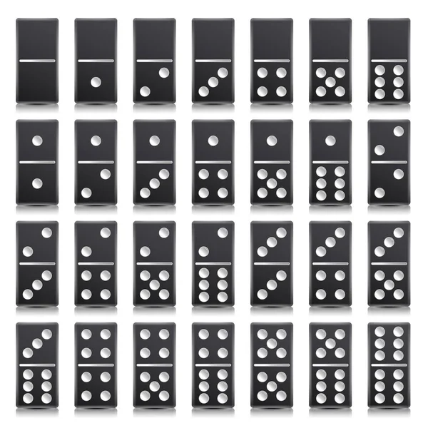 Domino Full Set Vector Illustrazione realistica. Colore nero. Classico gioco domino ossa isolato su bianco. Vista dall'alto. Per una partita. 28 Pezzi — Vettoriale Stock