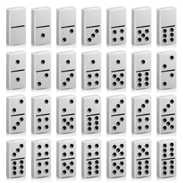 Domino Set vettoriale realistico 3D Illustrazione. Colore bianco. Gioco completo classico domino isolato su bianco. Collezione moderna 28 Pezzi — Vettoriale Stock