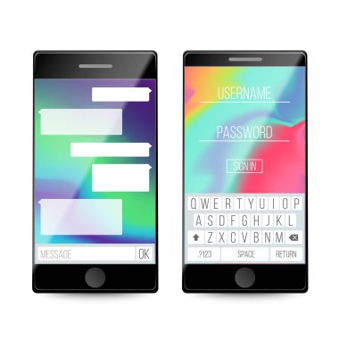Smartphone. Telefon ekranında konuşma balonları. Sohbet Sms mesajları. Vektör çizim