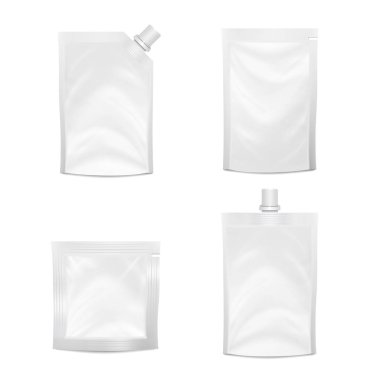 Boş Doypack Set vektör. Gerçekçi beyaz Doy-pack yiyecek veya içecek esnek kese. Boş dolgulu imbik folyo esnek çanta çanta ambalaj. Sahte ürün ambalaj için tasarım izole illüstrasyon