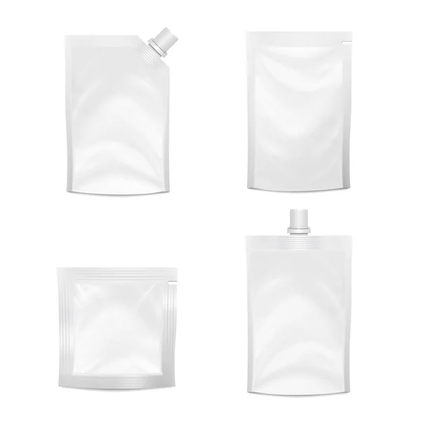 Conjunto de Vetores Blank Doypack. Realista comida Doy-pack branco ou beber bolsa flexível. Embalagem de saco de bolsa flexível de folha de Retorte em branco preenchida. Mock Up For Product Packing Design Isolado Ilustração —  Vetores de Stock