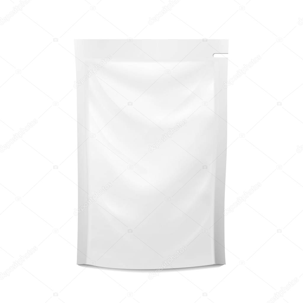 White Blank Plastic Spouted Pouch. Vector Doypack Food Bag Packaging. Template For Puree, Beverage, Cosmetics. Packaging Design. Vector Isolated Illustration.