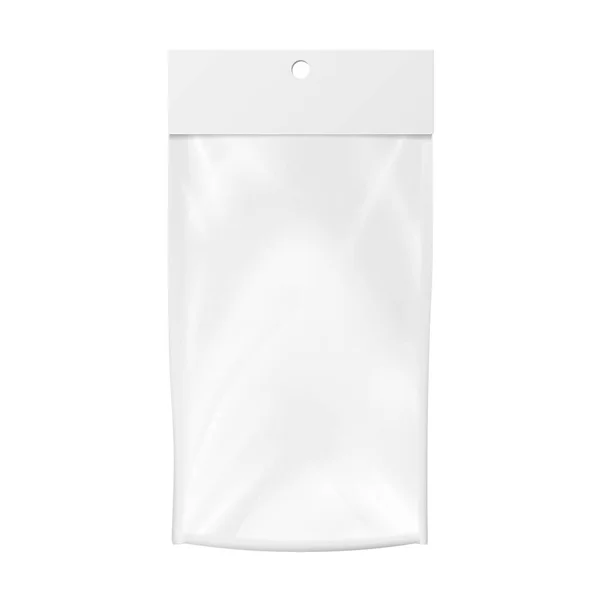 プラスチック ポケット ベクトルのブランク。プラスチック ポケット袋のテンプレートの現実的なモックアップは。ハング スロットをクリーニングします。梱包のデザイン テンプレートです。孤立した図 — ストックベクタ