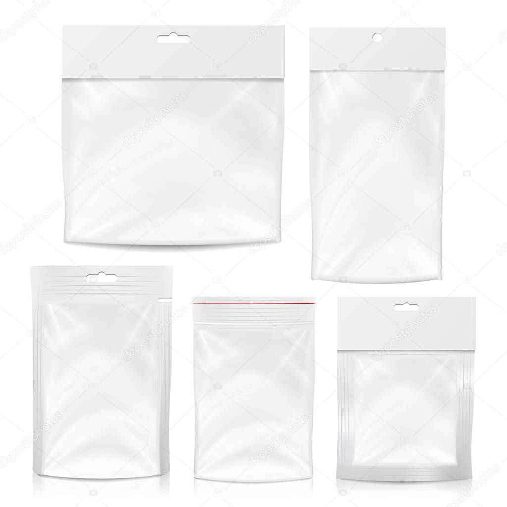 Plastic Polyethylene Pocket Bag Set Vector Blank. Realistic Mock Up Template Of Plastic Pocket Bag With Zipper, Zip lock. Clean Hang Slot, Pouch Packaging. Isolated Illustration
