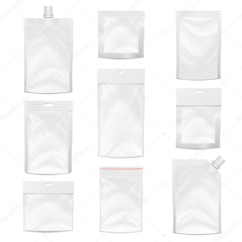 Plastic Pocket Vector Blank. Packing Design. Realistic Mock Up Template Of White Plastic Pocket Bag. Empty Hang Slot. White Clean Doypack Bag Packaging With Corner Spout Lid. Isolated Illustration