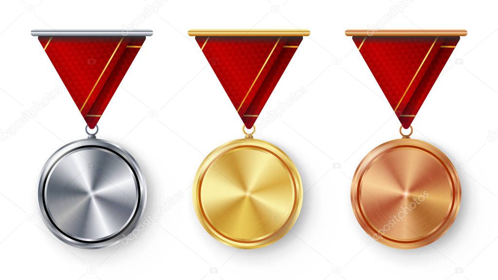 Champion Medals Blank Set Vector. Metal Realistic First, Second Third Placement Prize. Classic Empty Medals Concept. Red Ribbon. Sport Game Golden, Silver, Bronze Achievement Template
