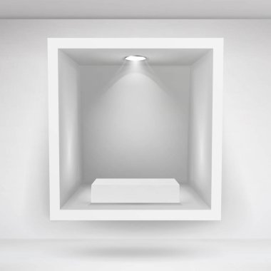 Boş niş vektör. Gerçekçi temiz raf, niş, duvar Vitrini. Sunumlar, temelli ürün görüntüler. Işıklı ışık lamba