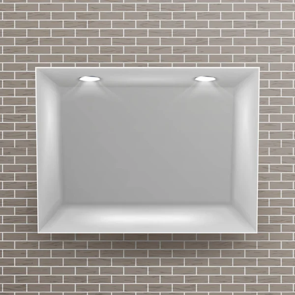 Vetor de nicho vazio. Parede de tijolo realista. Clean Shelf, Niche, Wall Showcase. Bom para apresentações, exiba seu produto. Lâmpada de luz iluminada — Vetor de Stock