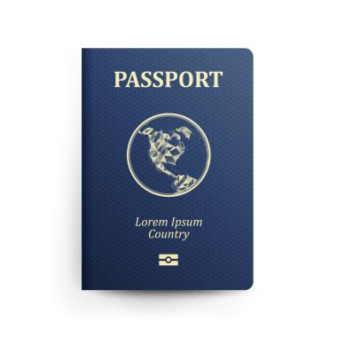 Passport ile harita. Gerçekçi vektör çizim. Küre mavi pasaport. Uluslararası kimlik belgesi. Ön kapak. İzole