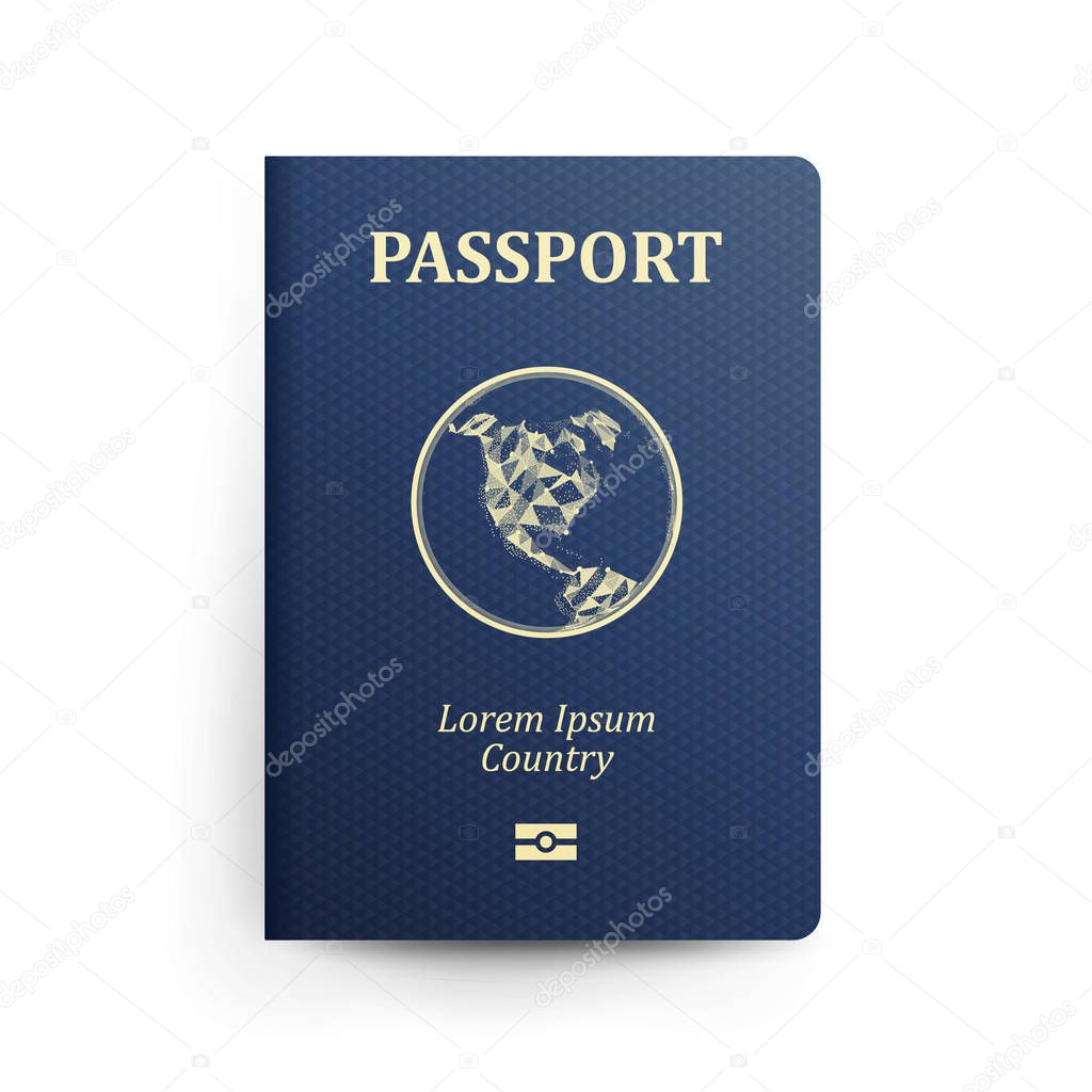 Passport With Map. Realistic Vector Illustration. Blue Passport With Globe. International Identification Document. Front Cover. Isolated