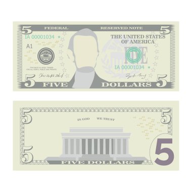 5 dolarlık banknot vektör. Bize para birimi karikatür. Beş Amerikan para Bill iki yüzü illüstrasyon izole. Sembol 5 dolar nakit