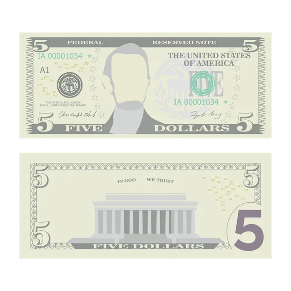 Vector de billetes de 5 dólares. Dibujos animados moneda de EE.UU.. Two Sides Of Five American Money Bill Ilustración aislada. Símbolo de efectivo 5 dólares — Vector de stock