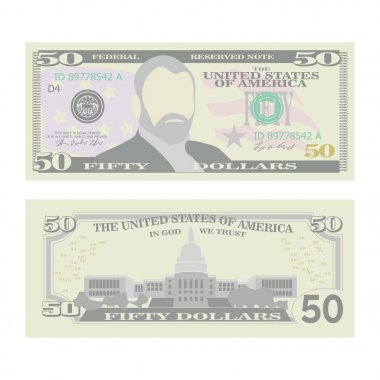50 Doları banknot vektör. Bize para birimi karikatür. Elli Amerikan para Bill iki yüzü illüstrasyon izole. Sembol 50 dolar nakit