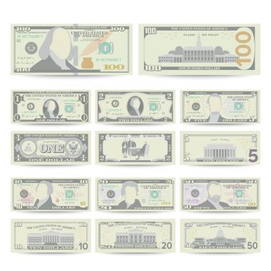 Dolar banknot Set vektör. Bize para birimi karikatür. Amerikan para iki taraf izole illüstrasyon Bill. Nakit dolar simgesi. Her mezhep bize para birimi Not.