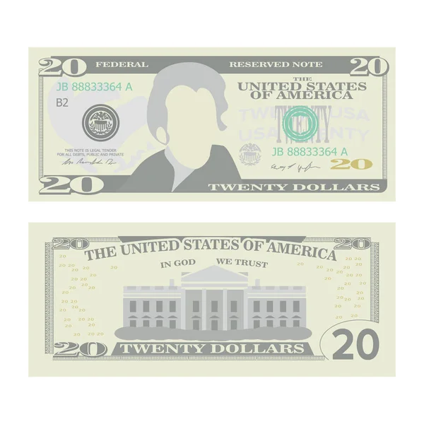 20 dolarlık banknot vektör. Bize para birimi karikatür. Yirmi Amerikan para Bill iki yüzü illüstrasyon izole. Sembol 20 dolar nakit