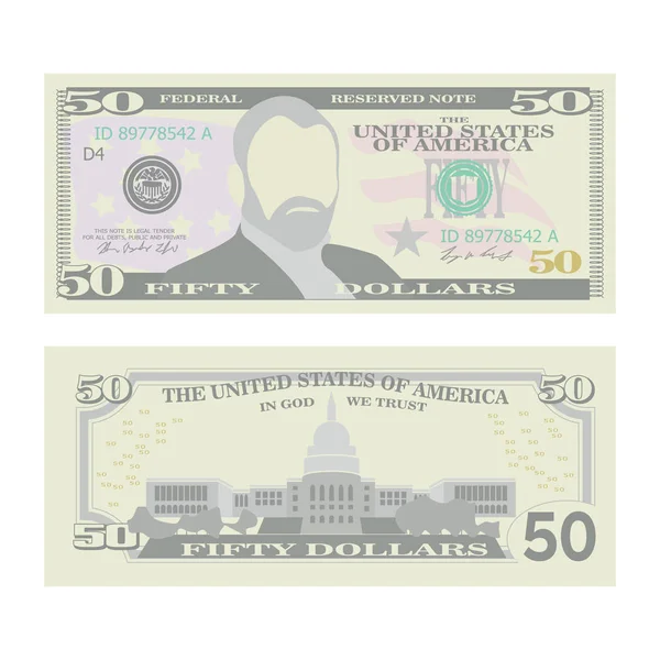 50 Dollars Banknote Vector. Cartoon US Currency. Two Sides Of Fifty American Money Bill Isolated Illustration. Cash Symbol 50 Dollars — Stock Vector