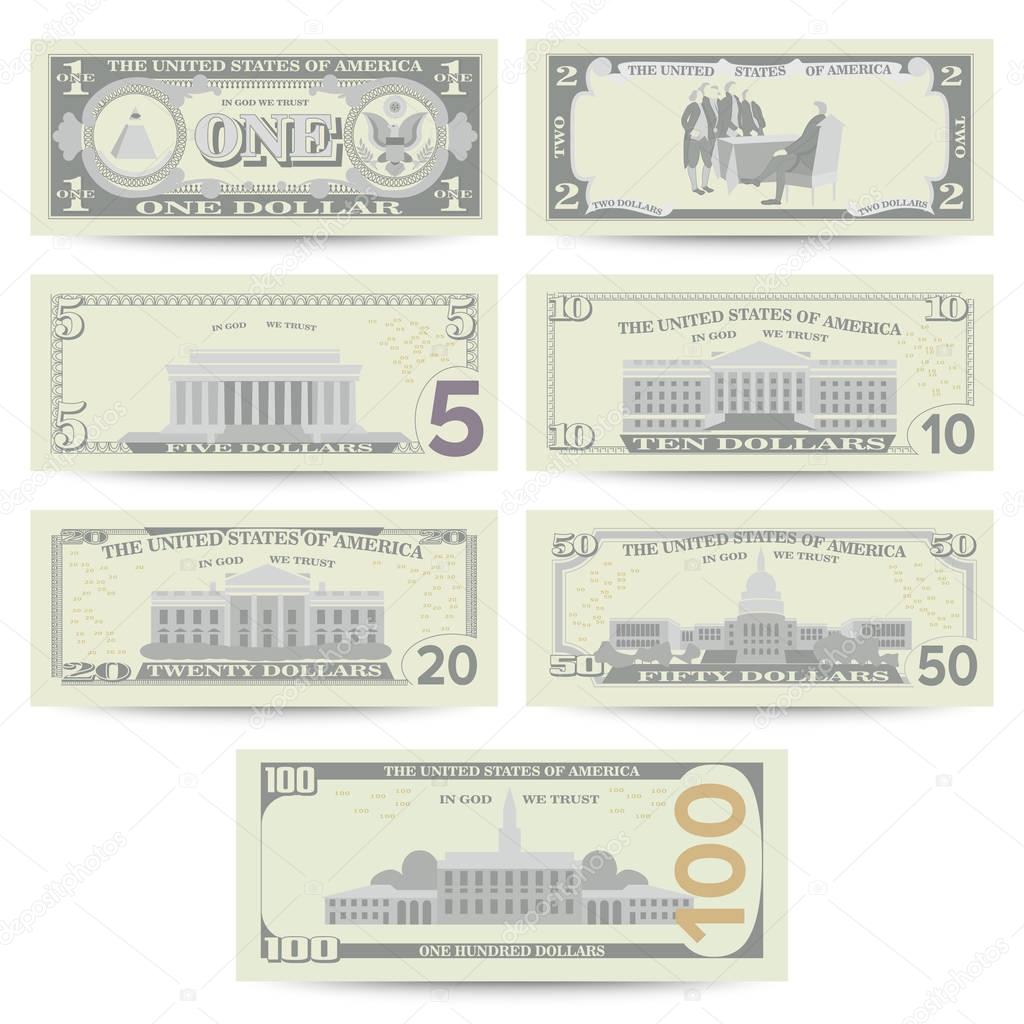 Dollars Banknote Set Vector. Cartoon US Currency. Flip Side Of American Money Bill Isolated Illustration. Cash Dollar Symbol. Every Denomination Of US Currency Note.