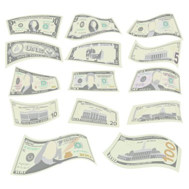 Dolar Set uçan. Vektör. Amerikan para iki taraf izole illüstrasyon Bill. Uçan para dolar. Her mezhep bize para birimi Not.
