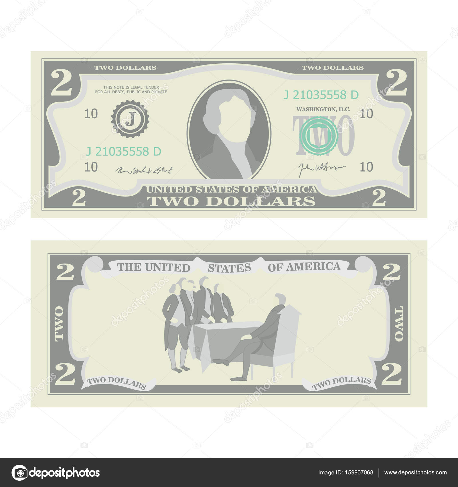2 美元钞票向量。我们的卡通货币。双方的两个美国钱条例草案孤立的插图。现金符号2 美元图库矢量图©pikepicture 159907068