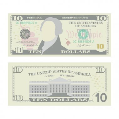10 dolarlık banknot vektör. Bize para birimi karikatür. On Amerikan para Bill iki yüzü illüstrasyon izole. Sembol 10 dolar nakit