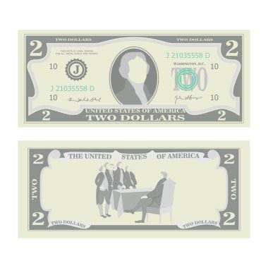 2 dolar banknot vektör. Bize para birimi karikatür. İki Amerikan para Bill iki yüzü illüstrasyon izole. Sembol 2 dolar nakit