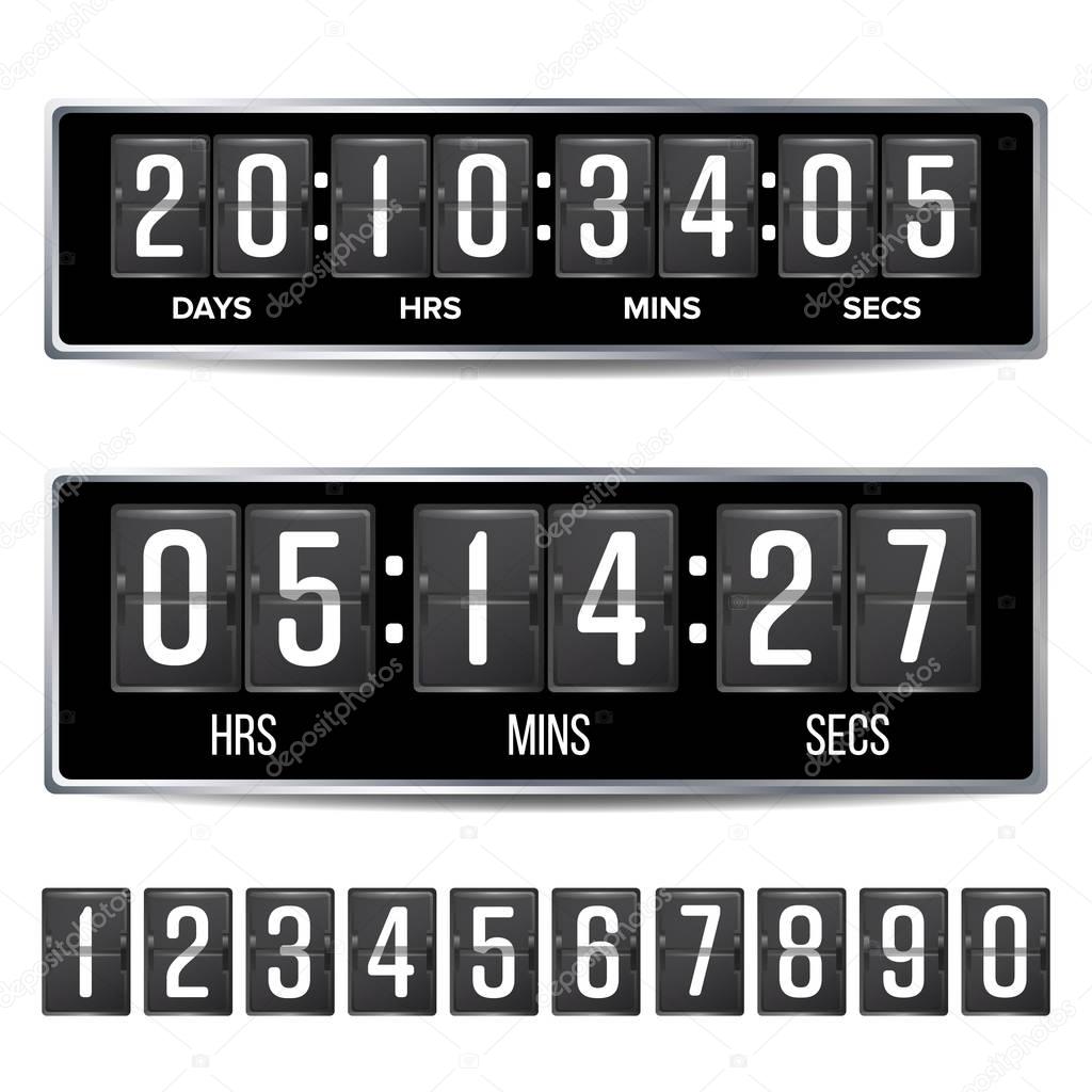 Flip Countdown Timer Vector. Analog Black Digital Scoreboard Template. With Days, Hours, Minutes, Seconds. Isolated Illustration