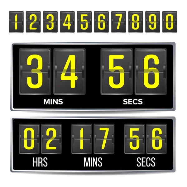 Flip Countdown Timer Vector. Plantilla de temporizador digital Black Flip Scoreboard. Horas, minutos, segundos. Aislado en blanco — Vector de stock