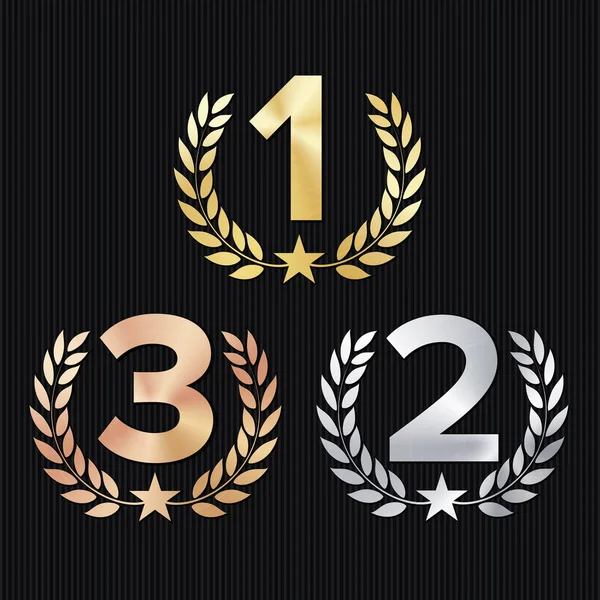Trophy Award Set Vector. Figures 1, 2, 3 One, Two, Three In A Realistic Gold Silver Bronze Laurel Wreath And Red Ribbon. Competition Game Concept. Isolated On Black. Illustration — Stock Vector