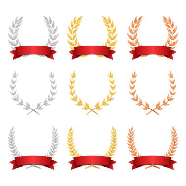 Defne çelengi kupa vektör ayarlayın. Ödülü yerleştirme başarısı. Gerçekçi altın gümüş Tunç defne çelengi. Kırmızı kurdele. Kazanan Onur Ödülü. İzole illüstrasyon