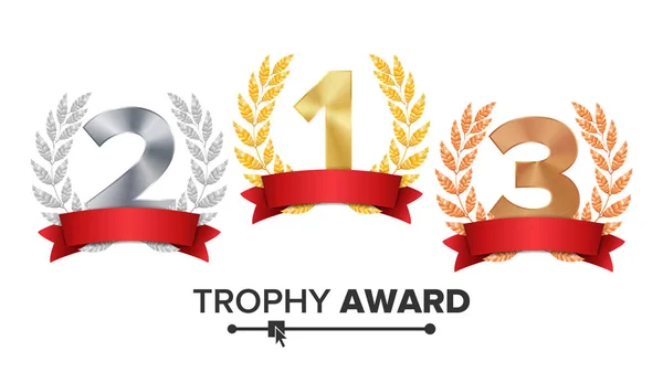 Trophy Award Set Vector. Figuras 1, 2, 3 Uno, dos, tres en una corona de bronce de plata de oro realista Laurel y cinta roja. Ganador del Premio de Honor. Ilustración aislada — Archivo Imágenes Vectoriales