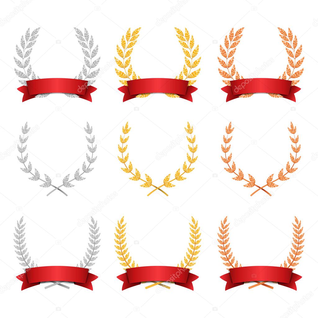 Laurel Wreath Trophy Set Vector. Award Placement Achievement. Realistic Gold Silver Bronze Laurel Wreath. Red Ribbon. Winner Honor Prize. Isolated Illustration