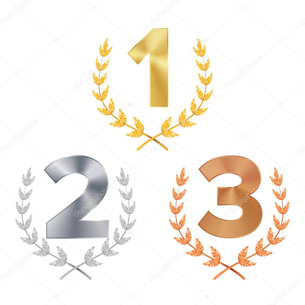 Trophy Award Set Vector. Award. Figures 1, 2, 3 One, Two, Three In A Realistic Gold Silver Bronze Laurel Wreath. Winner Trophy Award. Isolated Illustration