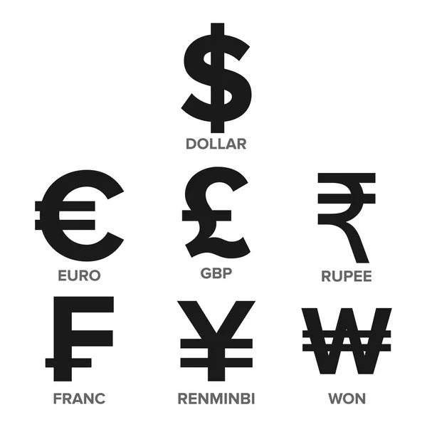 Icône de devise Set vecteur. De l'argent. Monnaie mondiale célèbre. Illustration des finances. Dollar, Euro, GBP, Roupie, Franc, Renminbi Yuan, Won. Isolé — Image vectorielle