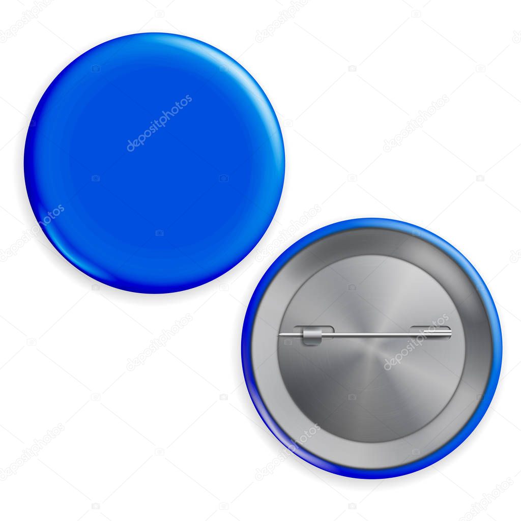 Blank Blue Badge Vector. Circle Button Badge Set Front, Back Side.