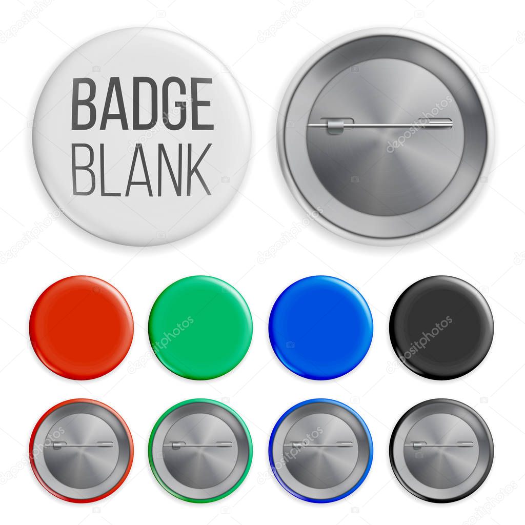 Blank Badges Set Vector. Realistic Illustration. Clean Empty Pin Button Mock Up. White, Blue, Red, Black, Green. Isolated.