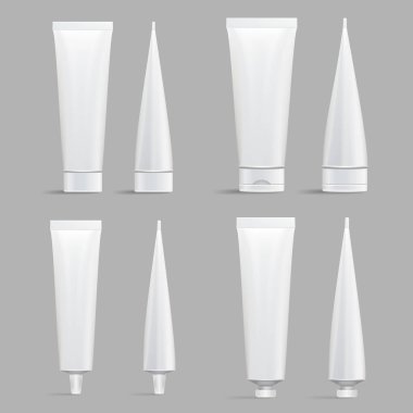 Kozmetik tüp Set. Vektör sahte. Kozmetik, kremi, şampuan, diş Yapıştır, beyaz plastik tüpler Set gerçekçi şekilde ambalaj tutkal. İzole