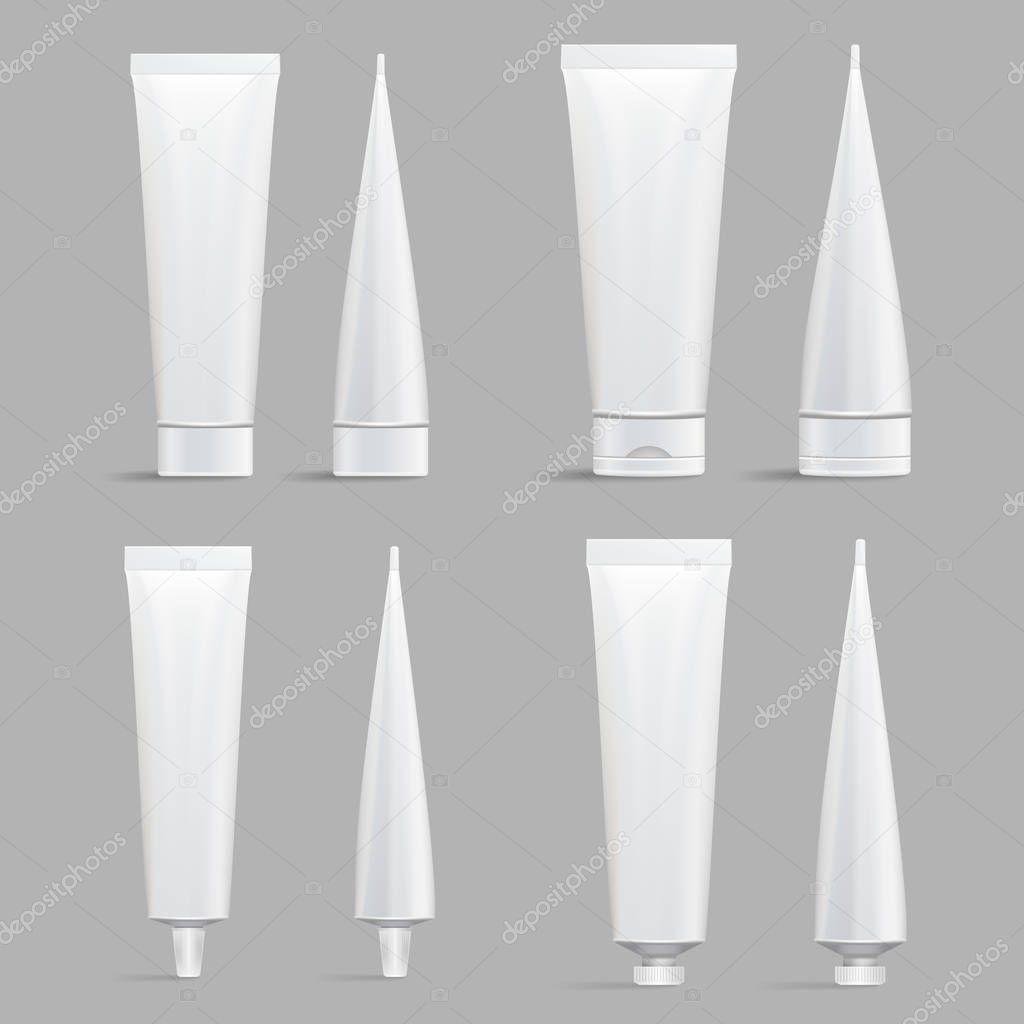 Cosmetic Tube Set. Vector Mock Up. Cosmetic, Cream, Shampoo, Tooth Paste, Glue White Plastic Tubes Set Packaging Realistic Illustration. Isolated