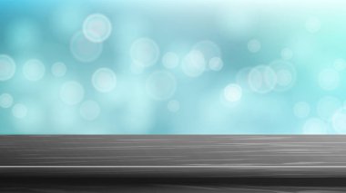 Ahşap masa Top vektör. Yaz deniz su arka plan kıvılcım mavi görüntü. Sıcak bulanıklık ve Bokeh arka plan soyut. Ürün montaj görüntü için.