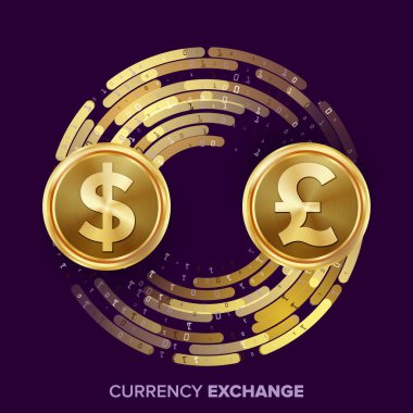 Para Döviz Alım Satım vektör. USD ve Gbp. Golden dijital akışı ile Bozuk paralar. Dönüşüm ticari işlem iş yatırım, seyahat için. Mali veya bankacılık konsept illüstrasyon